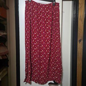 Women's Floral Printed Red Midi A-line Skirt W/ Side Slits On Both Sides Size 12